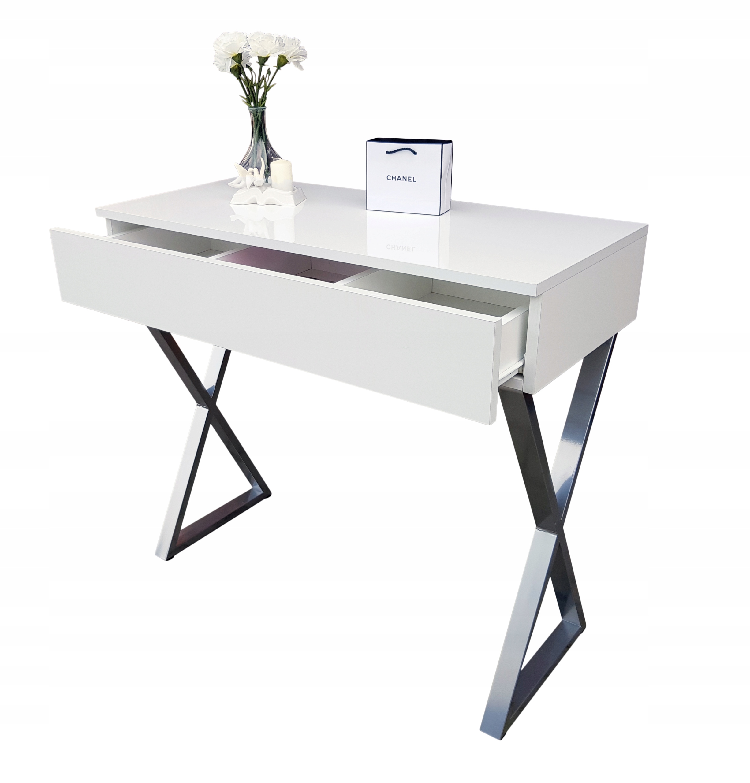 TOALETKA DO WIZAŻU POŁYSK Z SZUFLADĄ METALOWE NÓZK