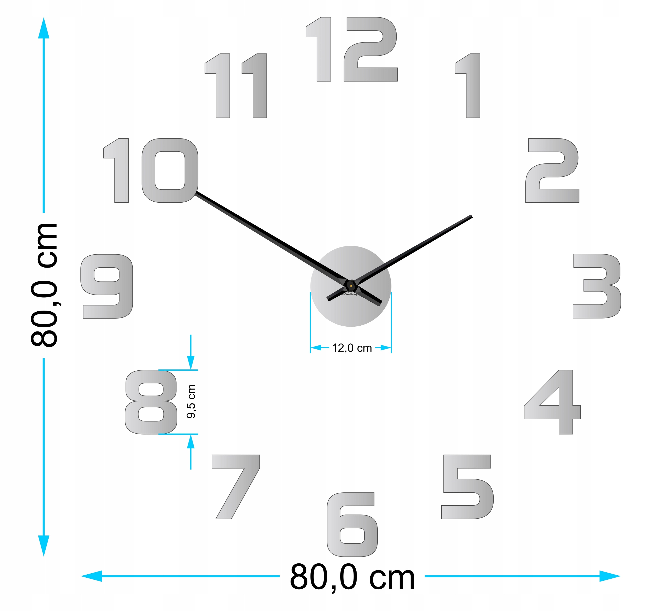 NOWOCZESNY zegar ścienny naklejany BEZGŁOŚNY! 3D Długość 80 cm