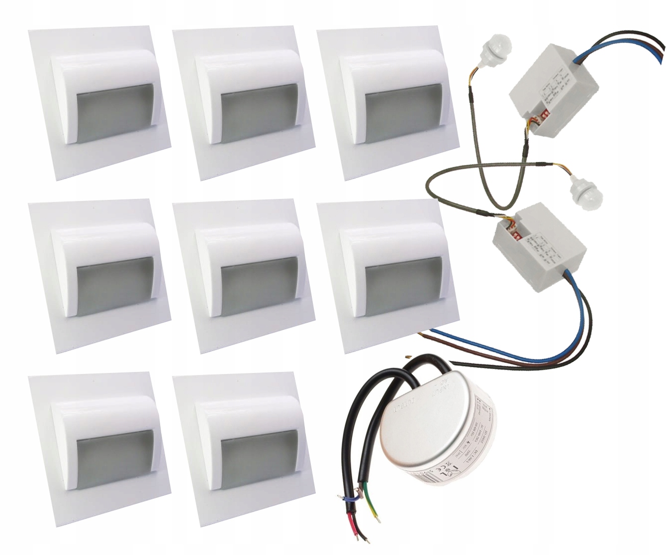 Set 8x Led schodiskové svietidlo 2 detektory napájací zdroj