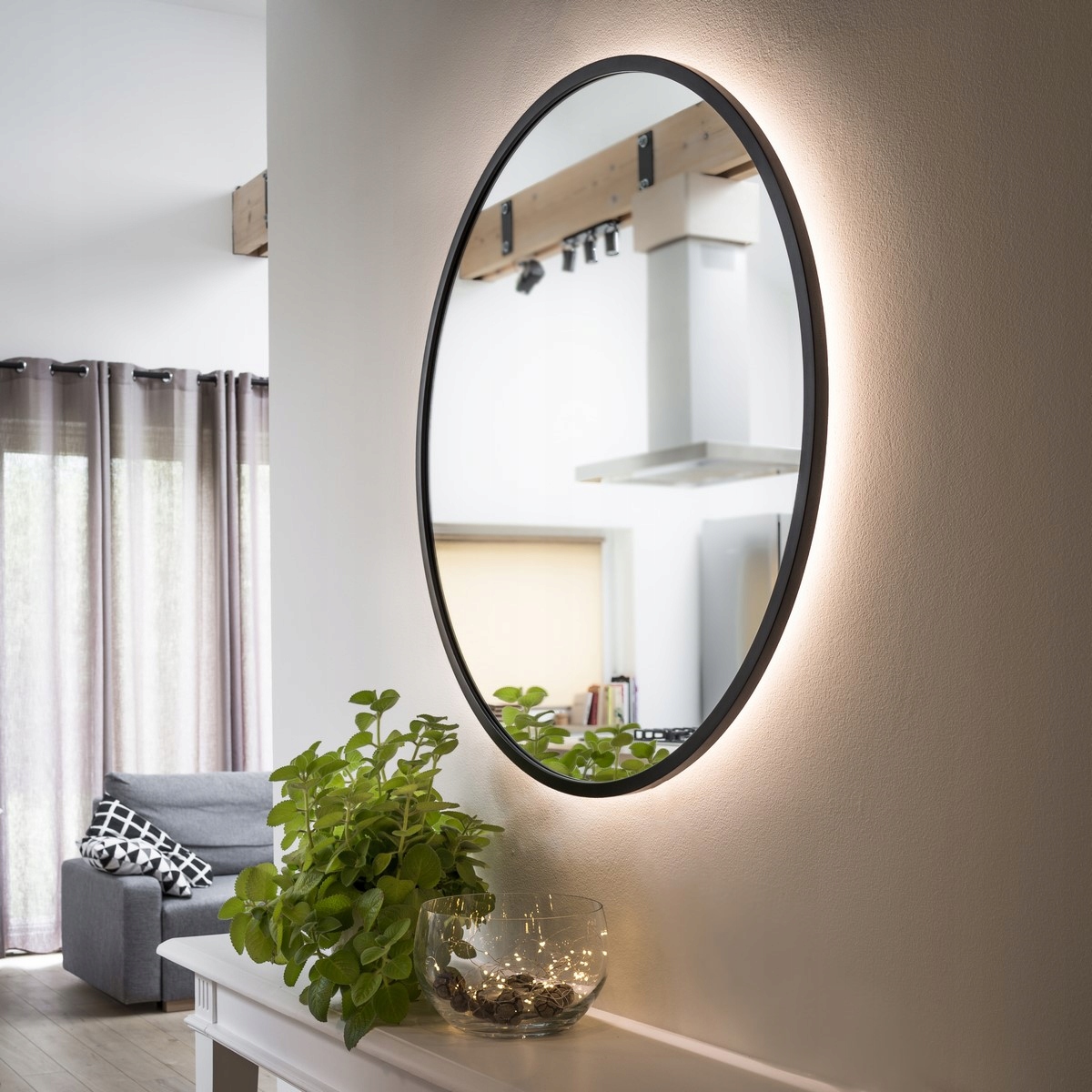 DUŻE LUSTRO OKRĄGŁE W CZARNEJ RAMIE 100 cm, LED Szerokość 1000 mm