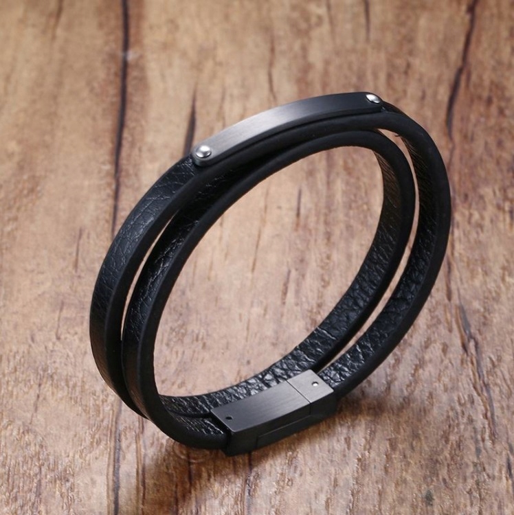 CZARNA WĄSKA SKÓRZANA BRANSOLETKA Z GRAWEREM Marka STEELOVA