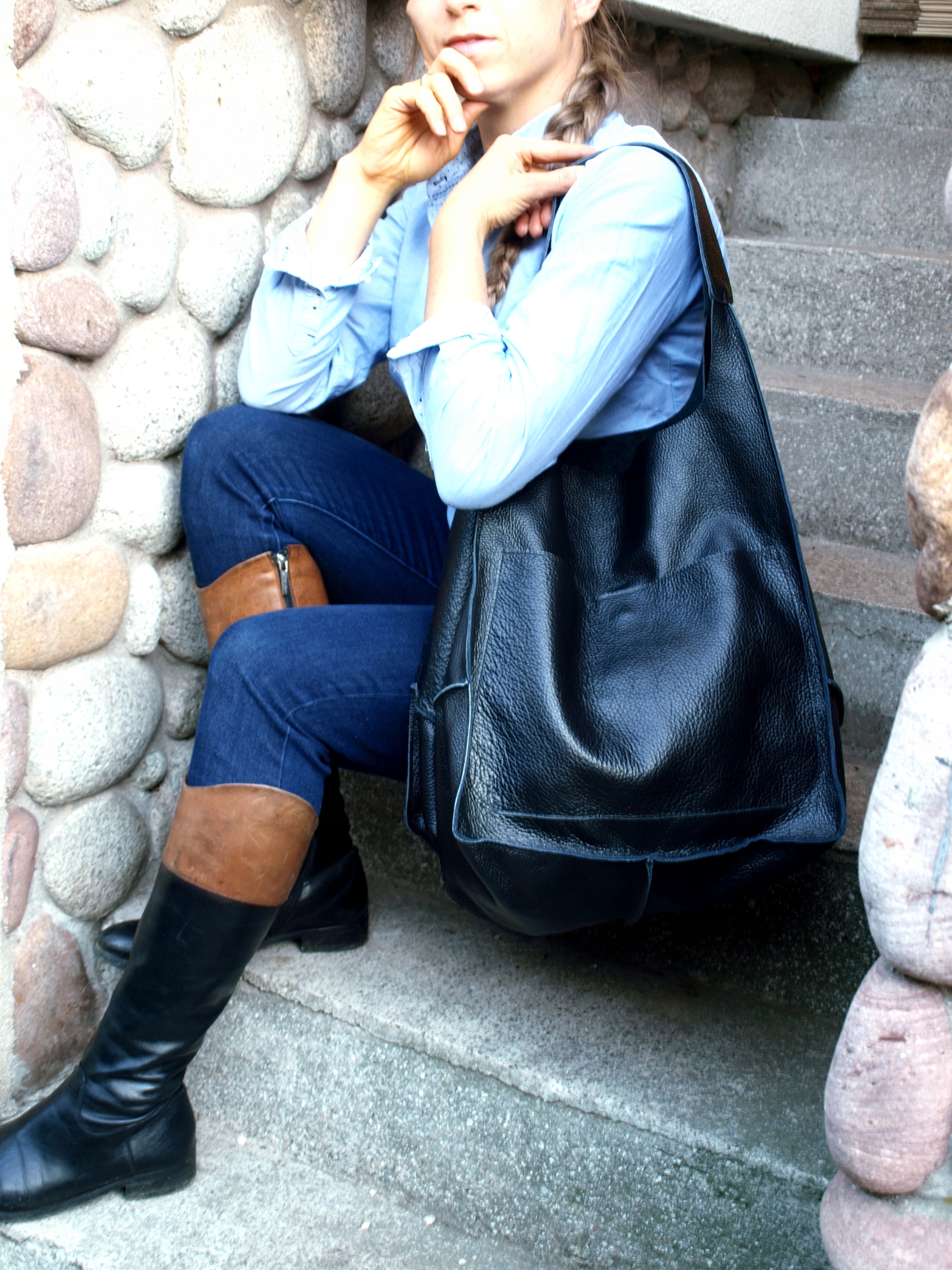 Torebka Skórzana Worek SKÓRA NATURANA czarna 2W1 Wysokość 38 cm