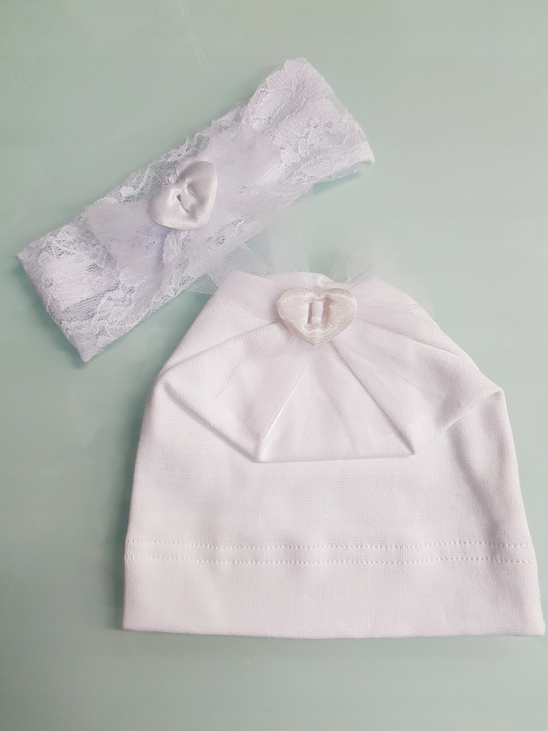 KOMPLET CZAPKA + OPASKA KOKARDKA TIUL 0-12 M-CA Kolor biały