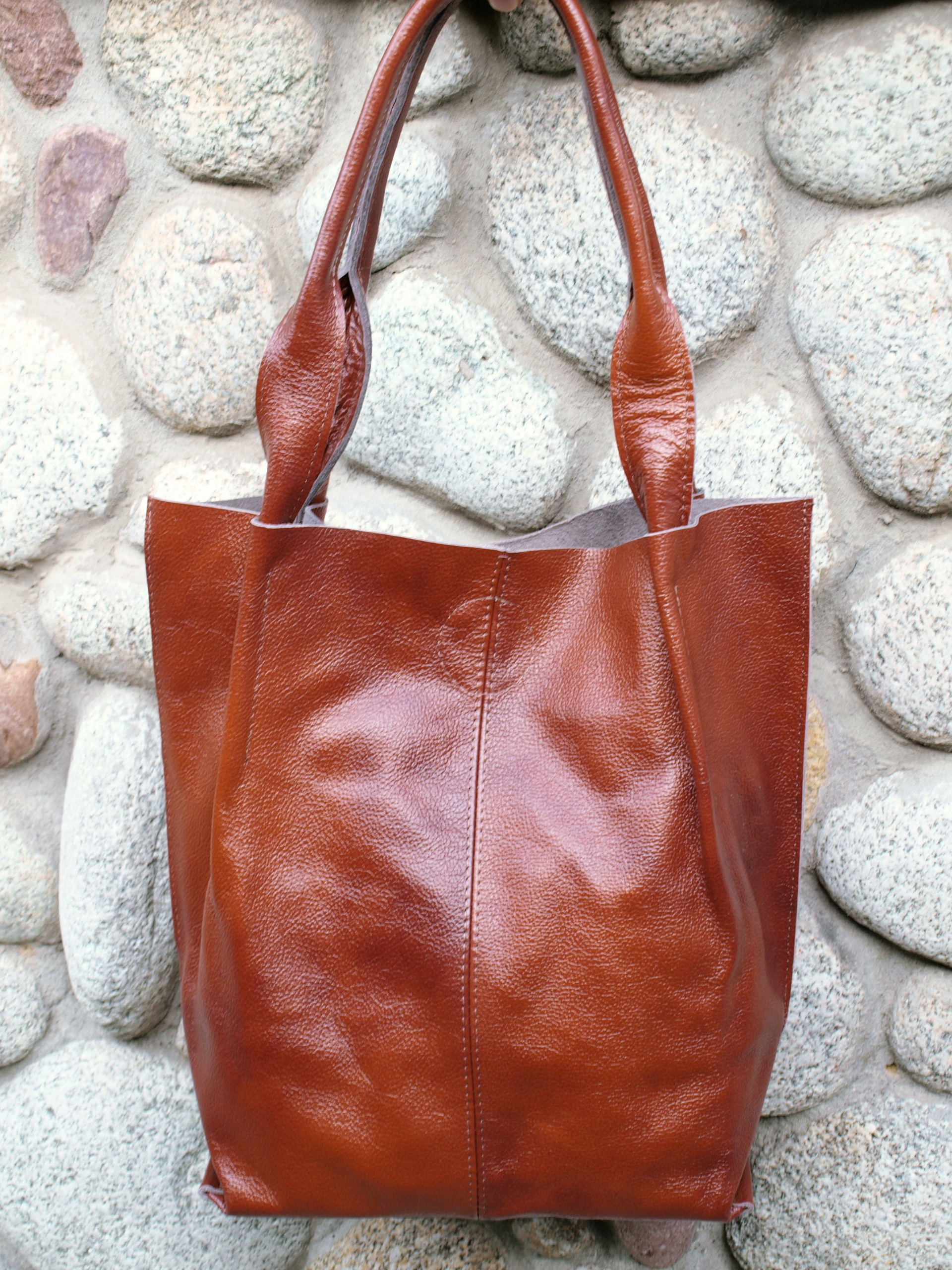 TOREBKA SKÓRZANA SHOPPER SKÓRA BRĄZOWO-RUDA Zapięcie zamek