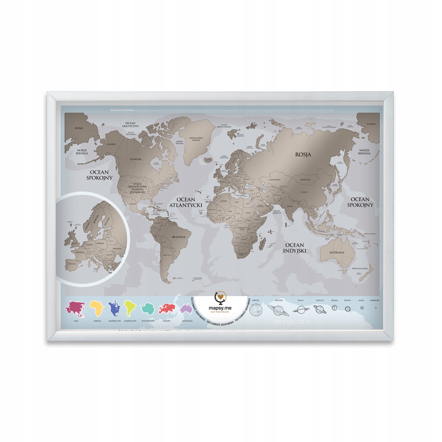 

Mapa Zdrapka Premium Biała Aluminiowa Rama