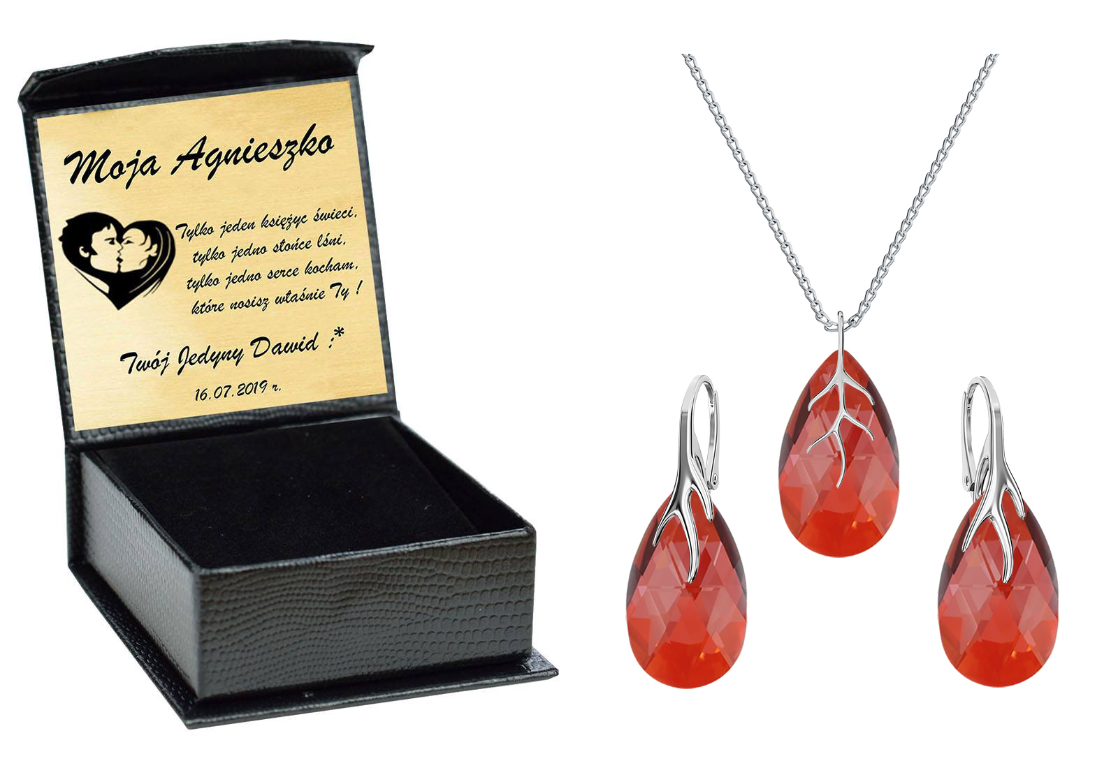 

Almond Drapieżny Srebrny Komplet Swarovski Grawer