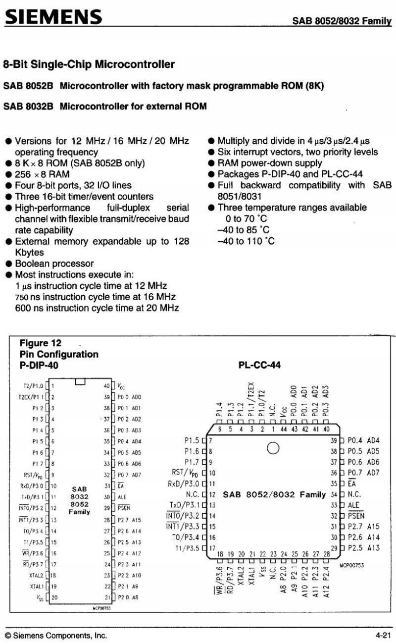 8032 SAB8032B-20P mikrokontroler 8-bit 20MHz DIP40 Kod producenta SAB8032B20PSIE