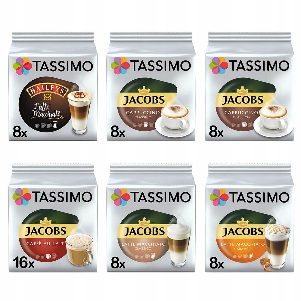 Kapsułki do Tassimo zestaw kaw mlecznych latte machciatto carmel 56 kaw