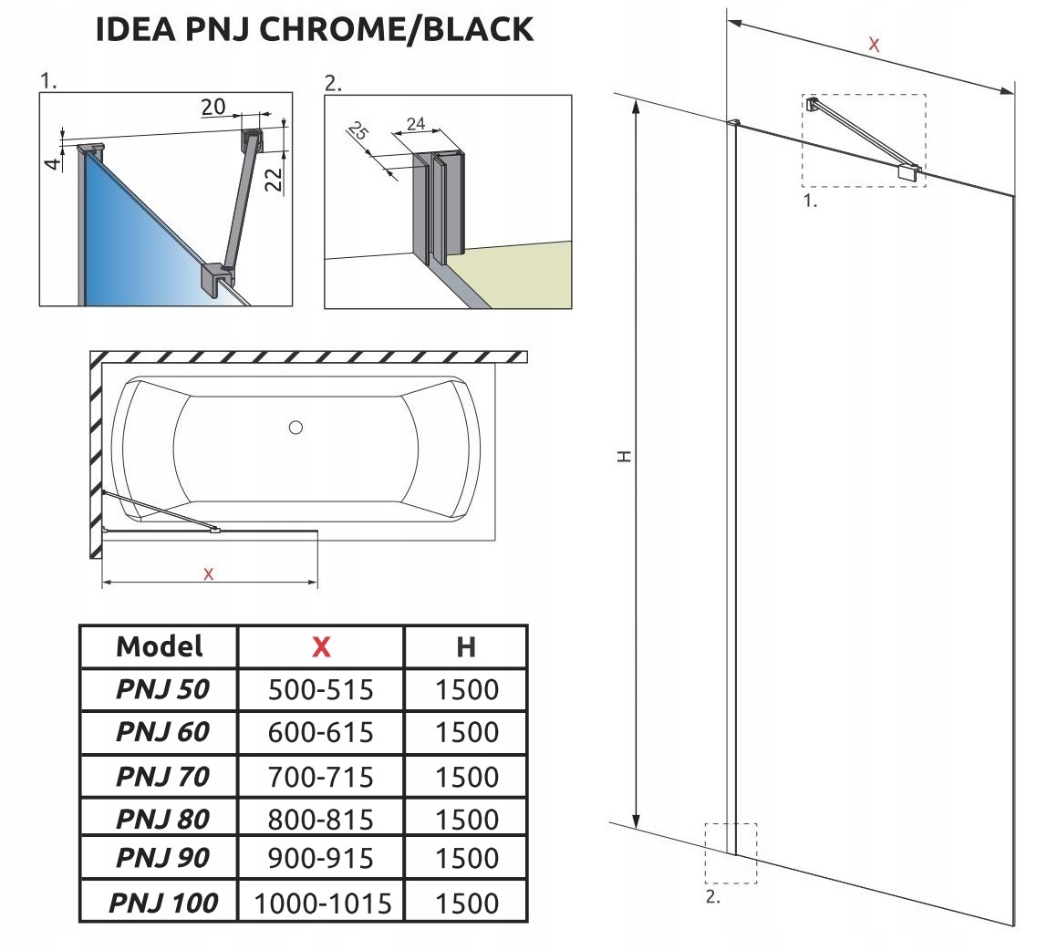 Parawan nawannowy Idea PNJ 70x150 RADAWAY Wysokość produktu 150 cm