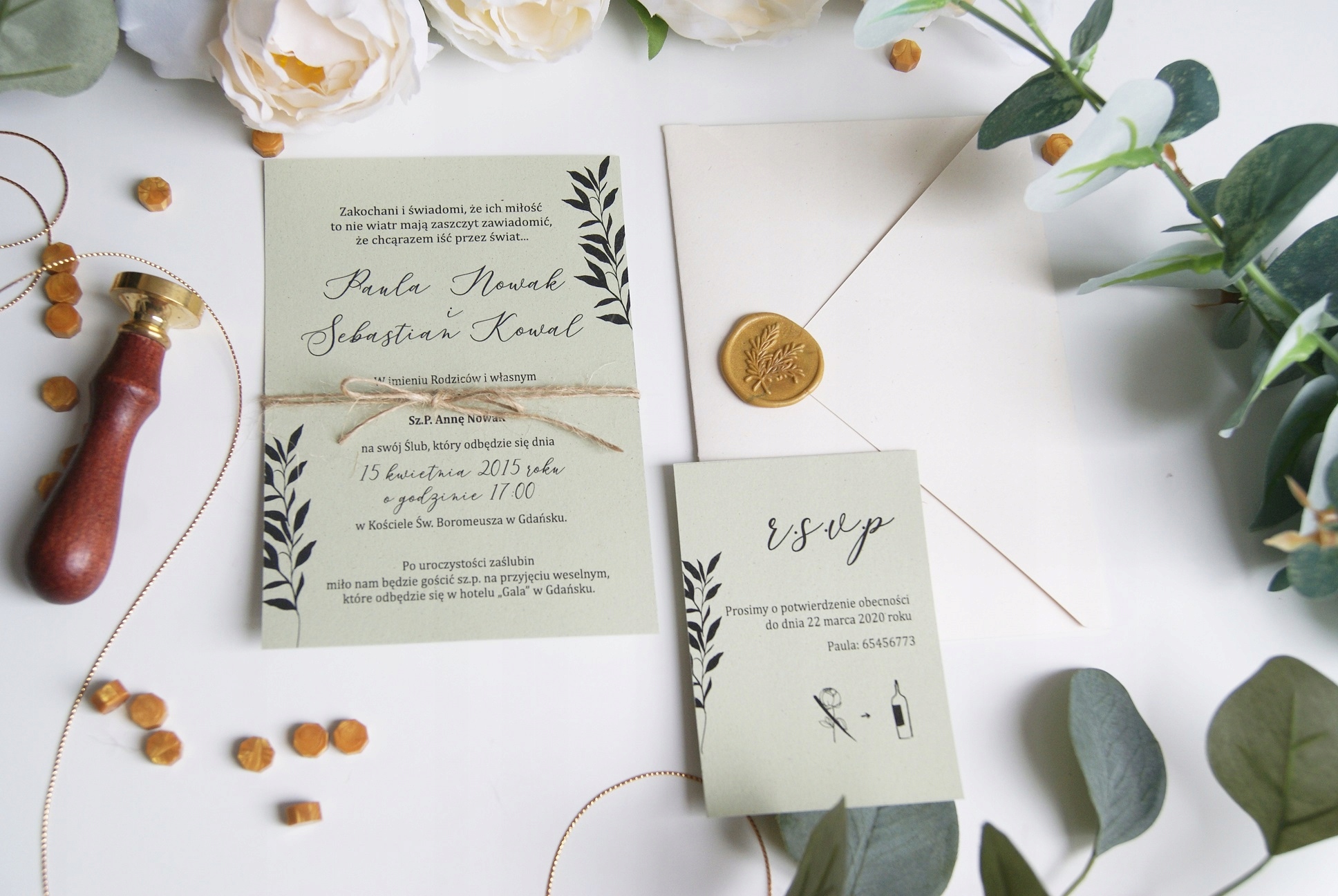 ZAPROSZENIA Ślubne rustykalne listki boho ślubne Wykończenie papieru matowe