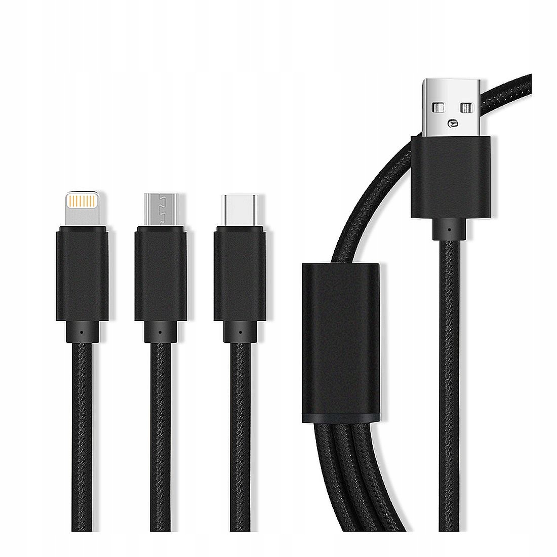 Maxlife kabel 3w1 Usb Lightning Usb- C microUSB 1,0 m 2,1A czarny nylonowy