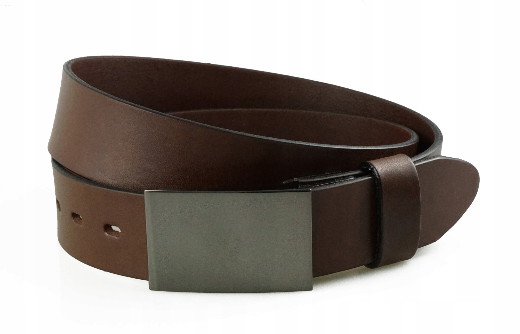 SKÓRZANY PASEK DO SPODNI 4 CM BLACHA BRĄZOWY 105 Długość bez klamry 120 cm