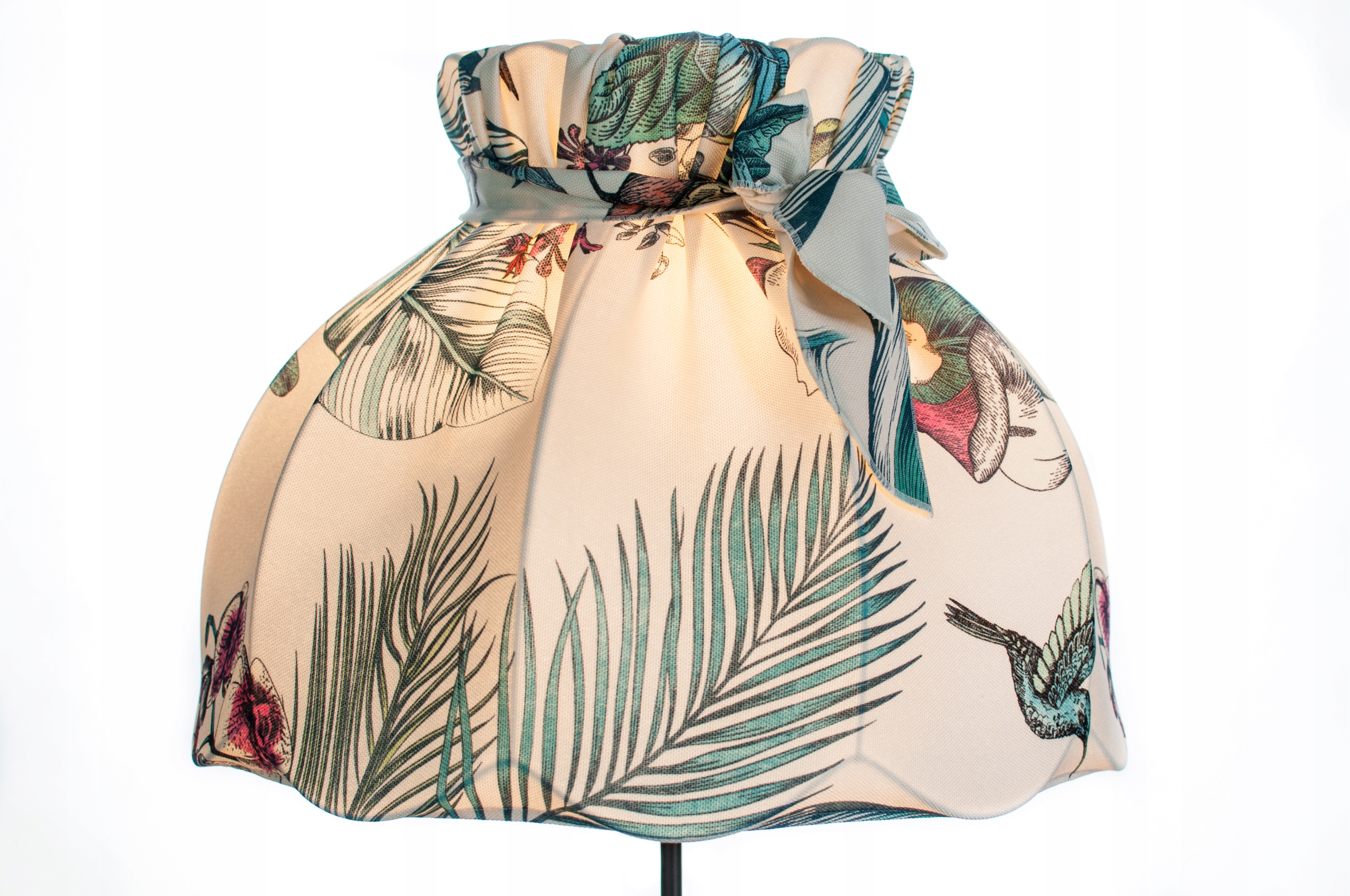 Abażur z kokardą, gobelin, Ptaki, Liście, 39 cm