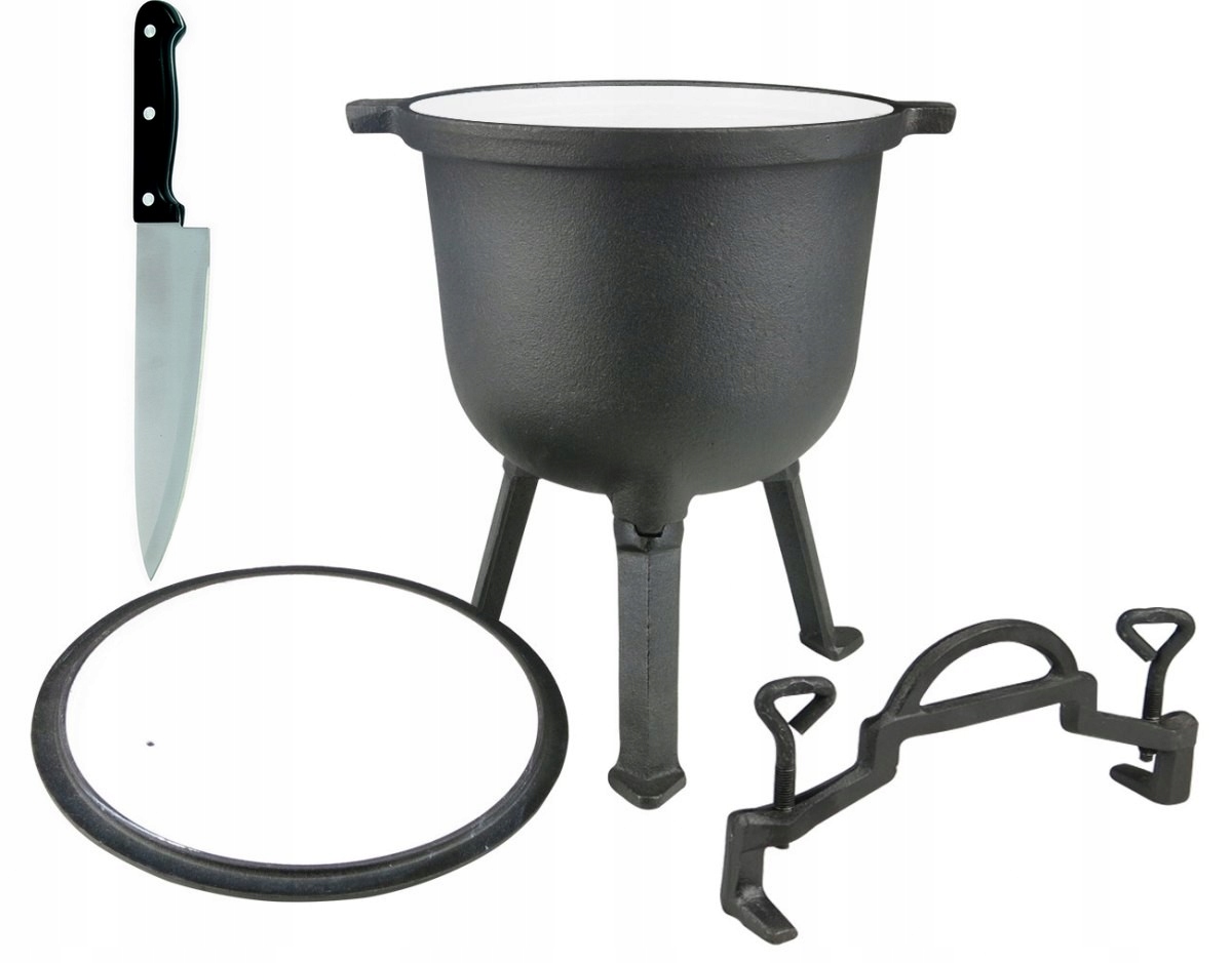 KOCIOŁEK MYŚLIWSKI ŻELIWO EMALIA+NÓŻ NIEMIECKI 10L