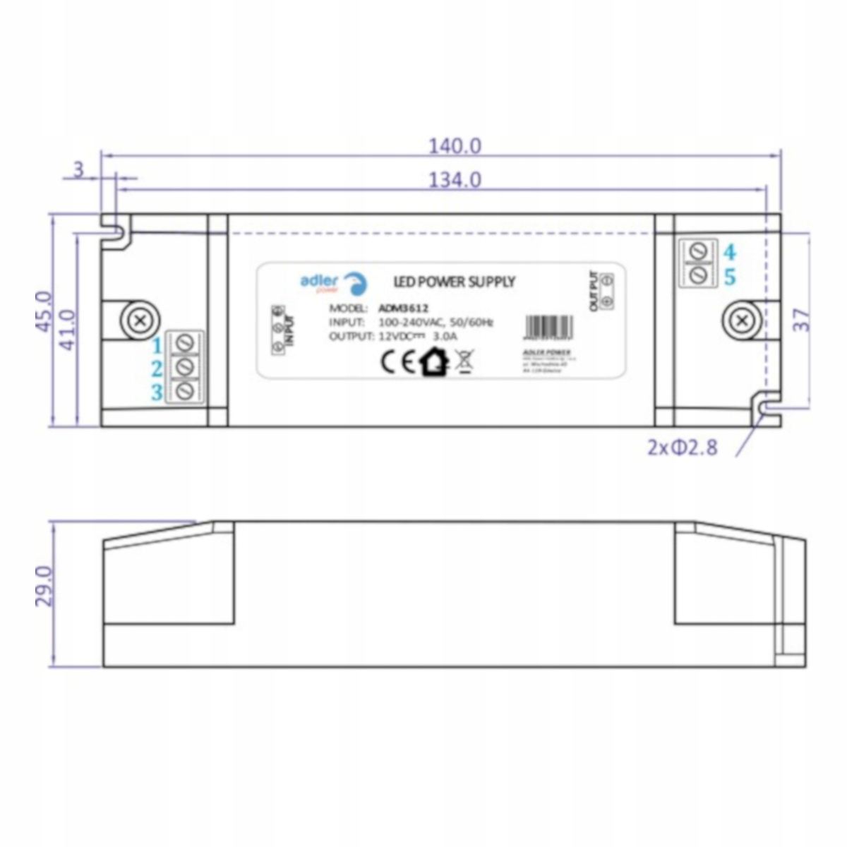 Napajalnik za TAŚM LED 12V 36W 3A ADM3612 ADLER Koda proizvajalca ADM3612