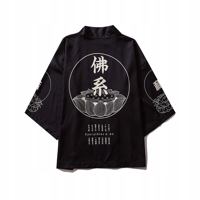 JAPOŃSKIE KIMONO CZARNE HAORI SAMURAJ KANJI HOTOKE KEI FO XI SUWENIR C1