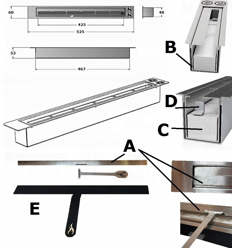 DŁUGI BIOKOMINEK PALNIK LINIOWY 53cm certyfikatTUV Marka Archikart