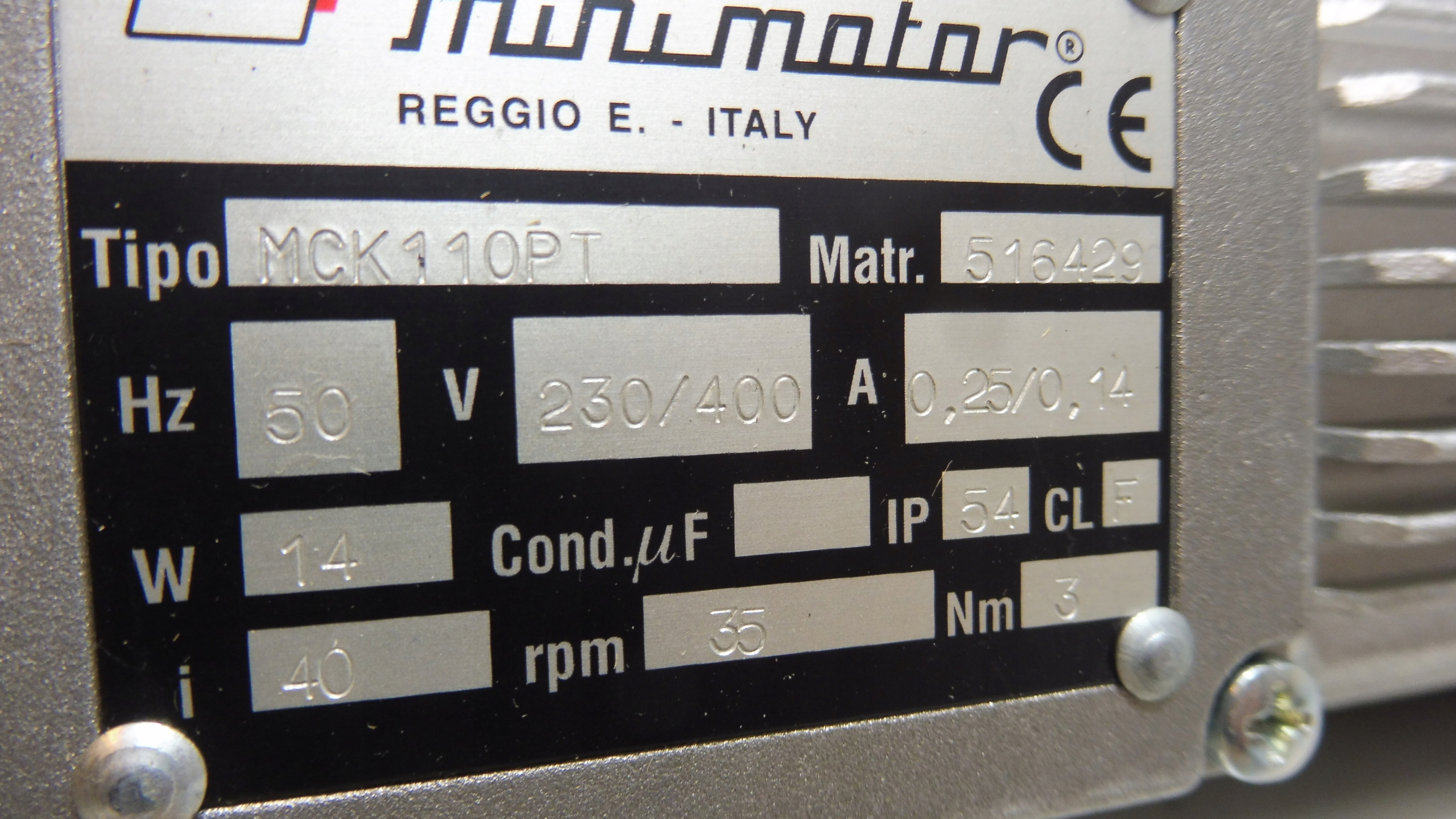 MINIMOTOR MOTOREDUKTOR MCK 11OPT ITALY NOWY 13RPM Prędkość obrotowa 35 obr/min