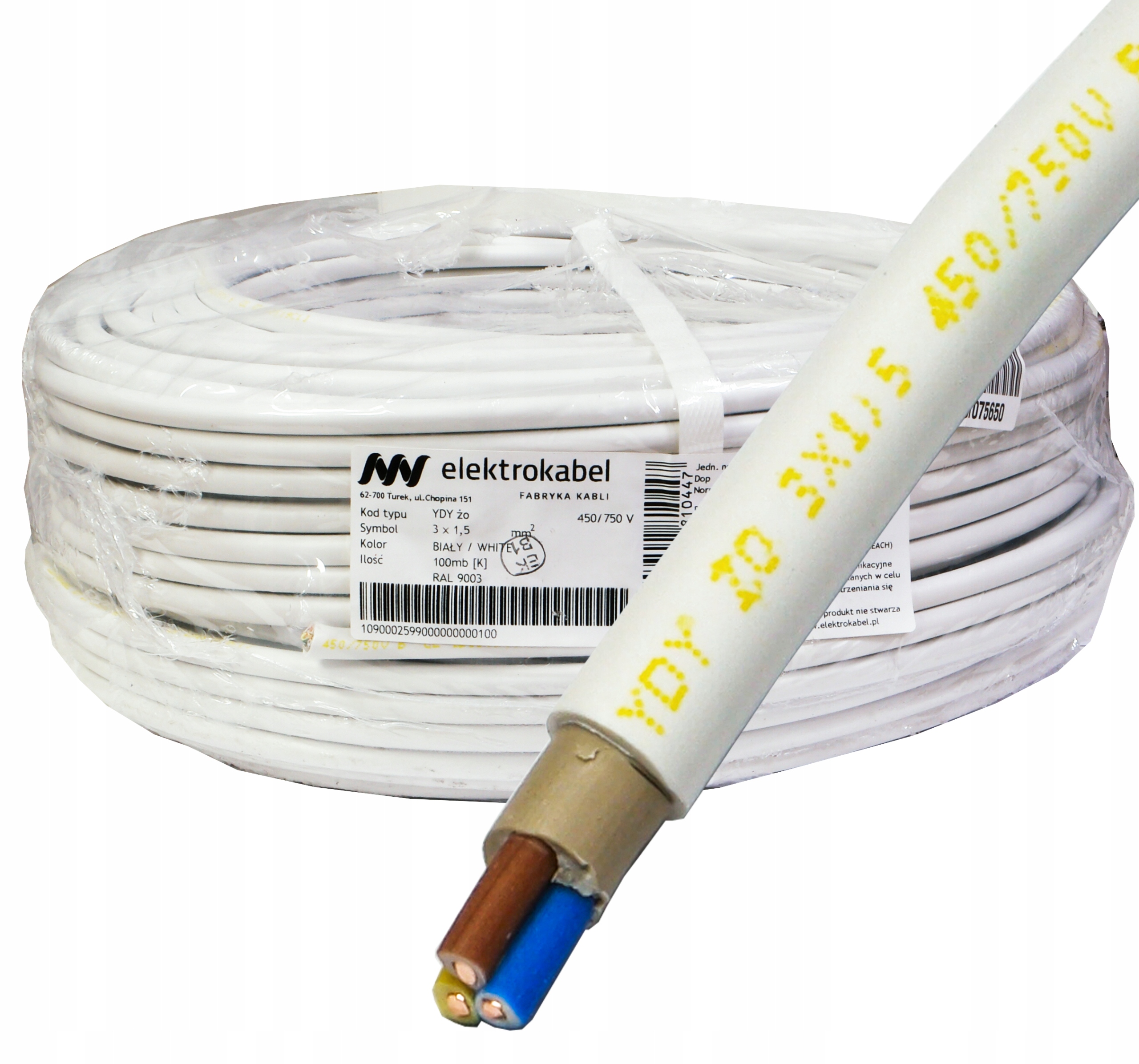 Kábel Ydy 3x1,5 mm 450 750 V drôt Cu 100 m