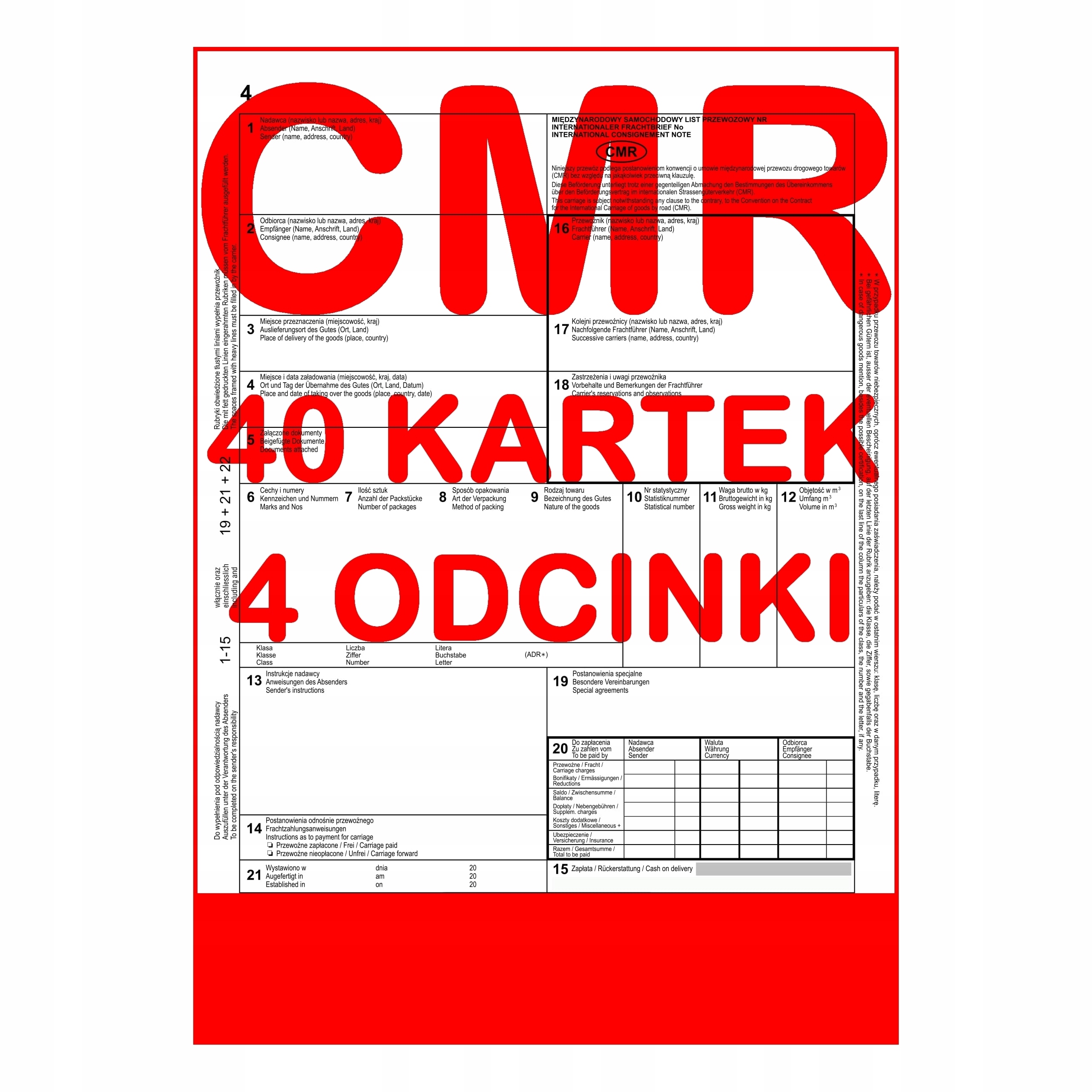 

Cmr List Przewozowy 40 kartek 4 odc. 10 kpl.