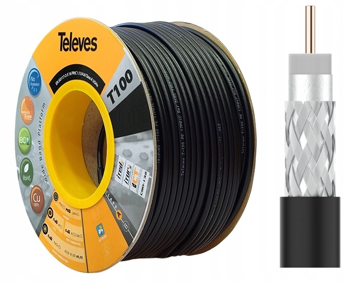 Kabel Antenowy Zewnętrzny RG6 Televes T100 CU 100m