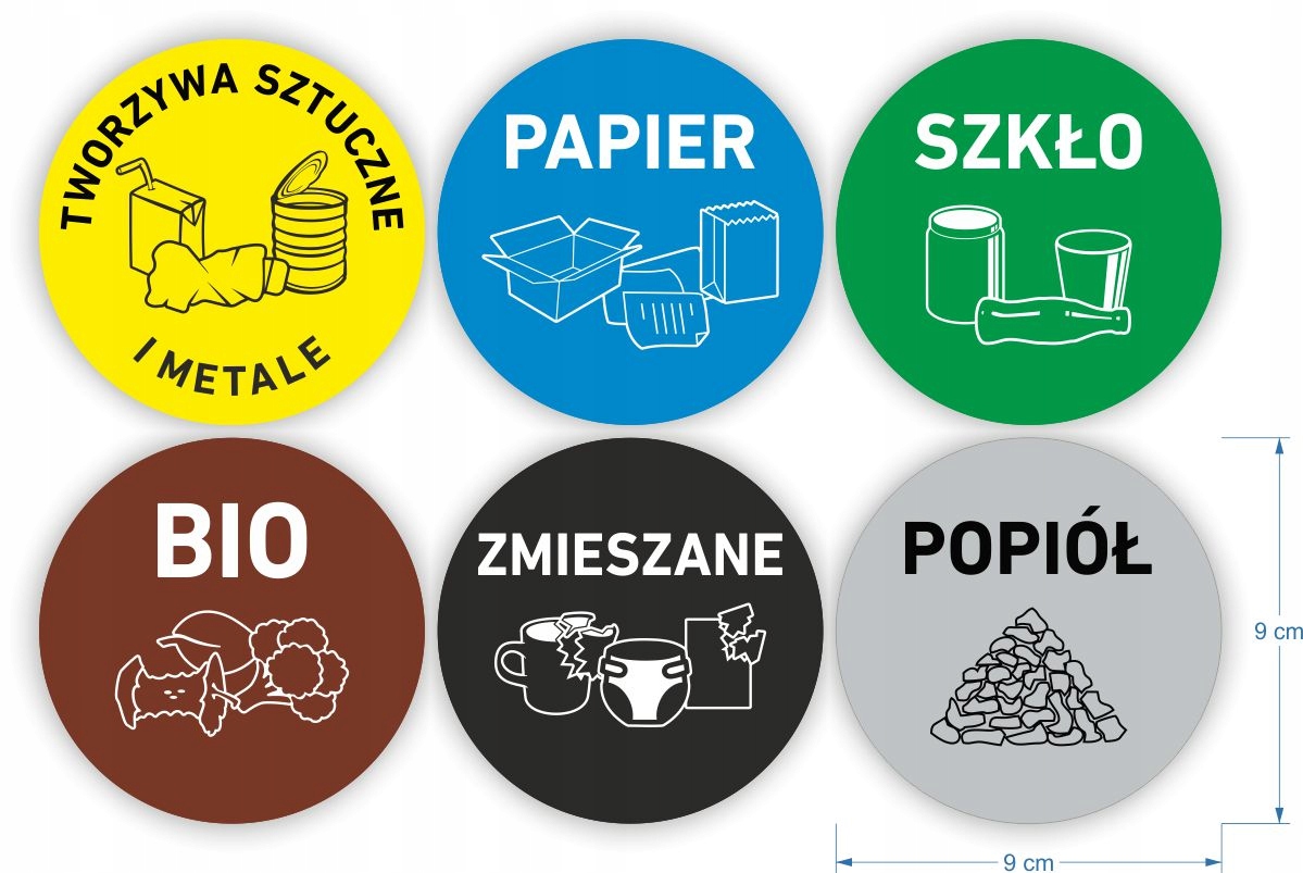 okrągłe NAKLEJKI segregacja śmieci kosze pojemnik Stan opakowania oryginalne
