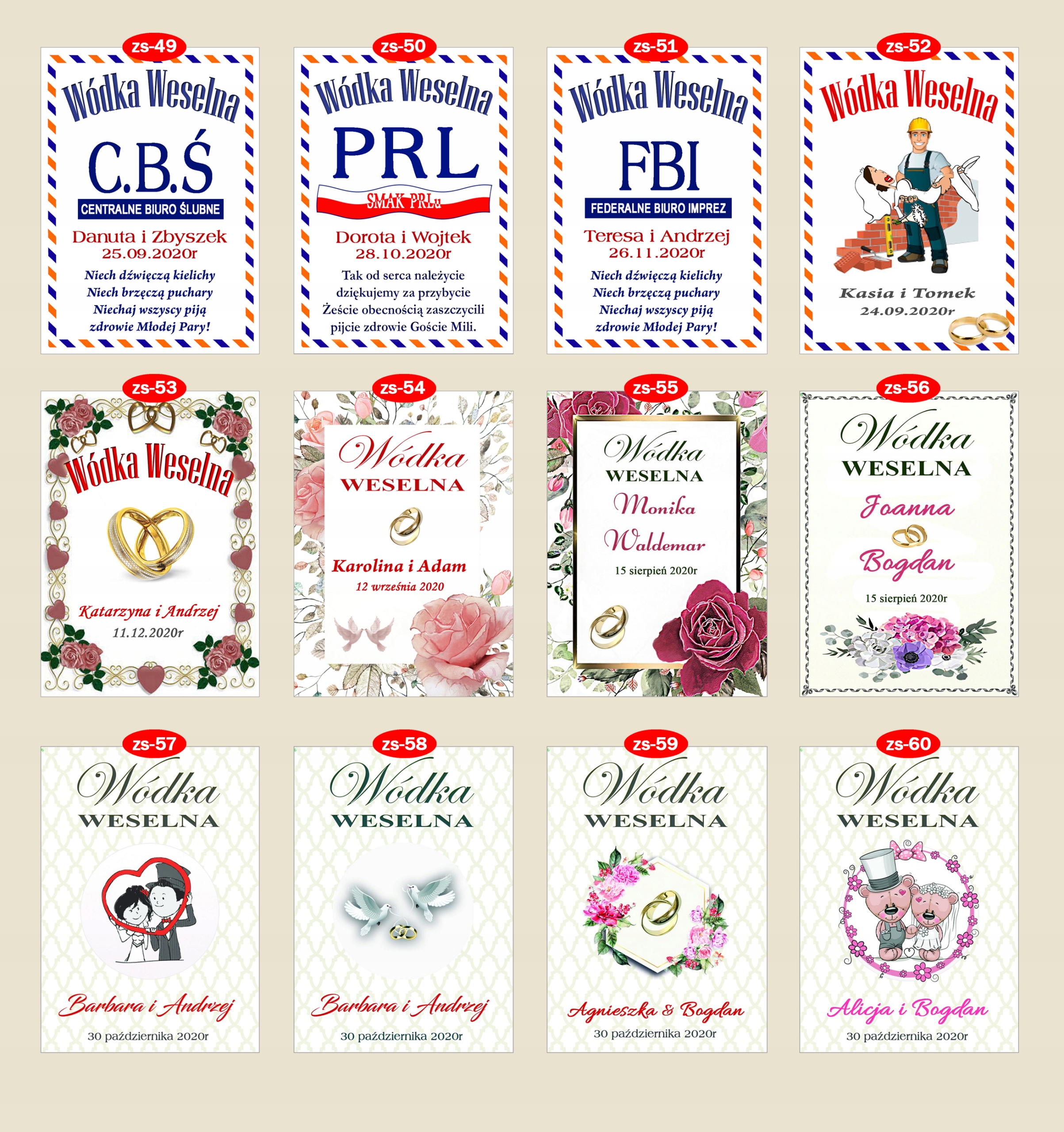 ZAWIESZKI Etykiety na Butelki Wódkę Ślub 48 wzorów Kolor dominujący biały