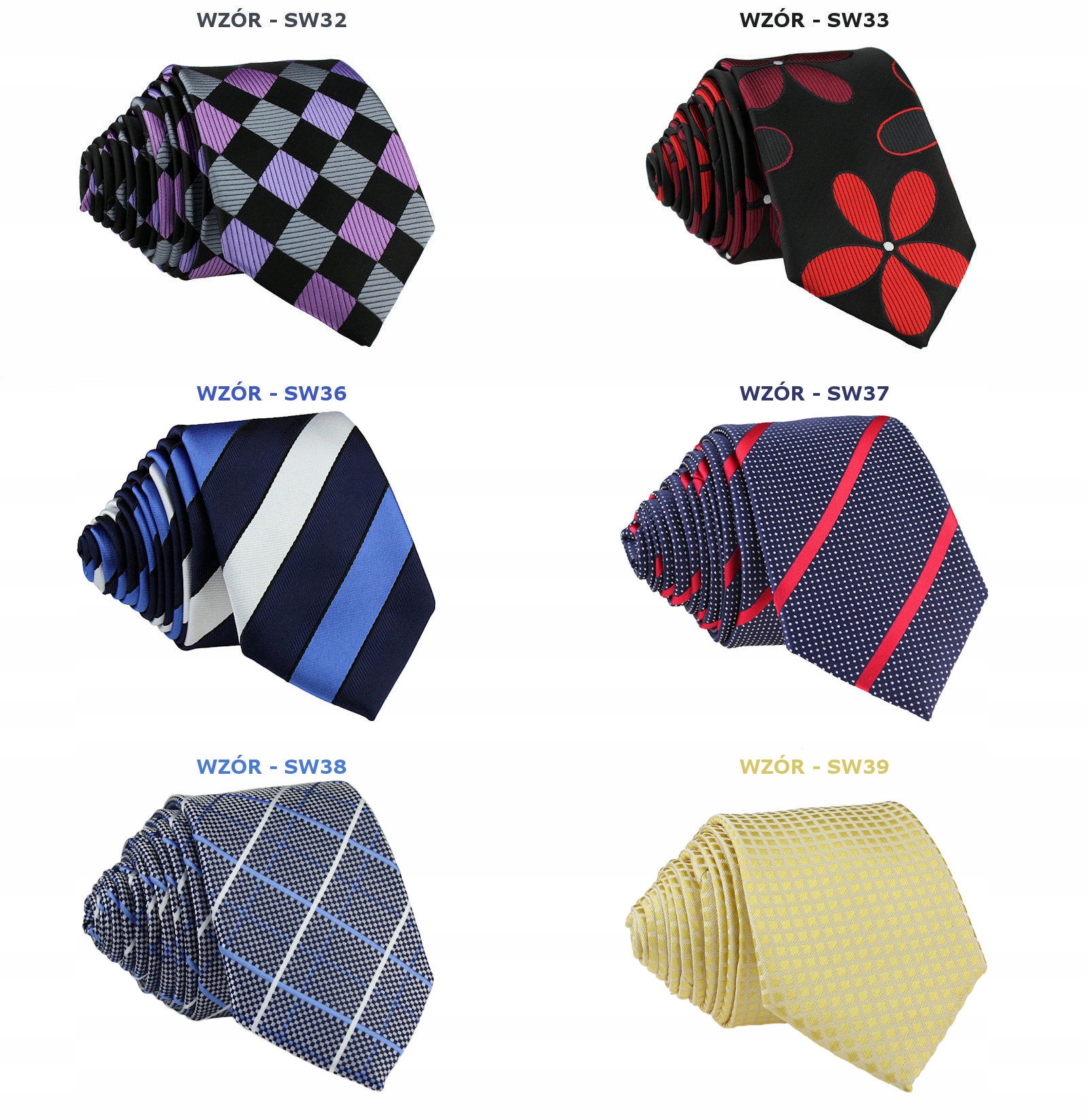KRAWAT WĄSKI ŚLEDŹ / ŚLEDZIK 6 cm - 45 WZORÓW Wzór dominujący mix wzorów