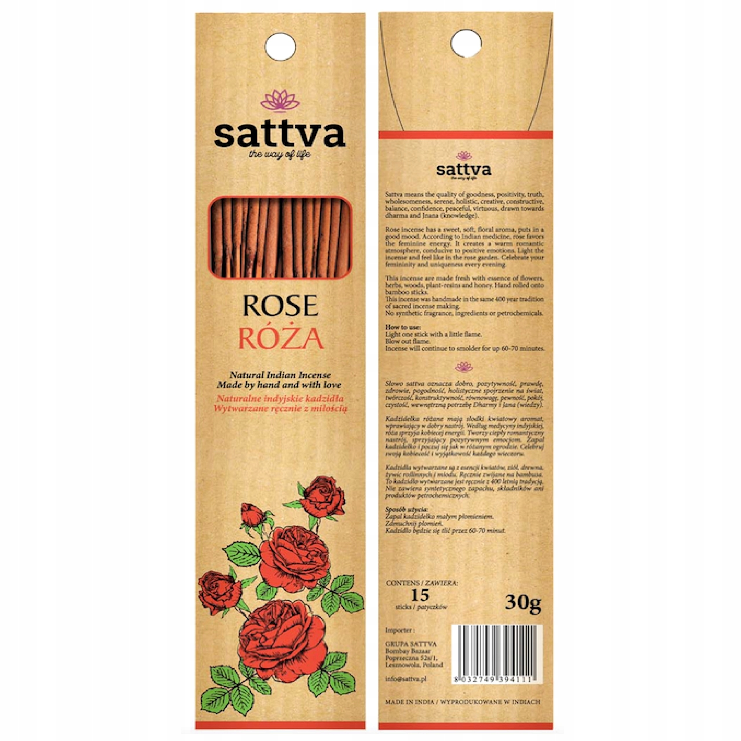 

Sattva Naturalne Indyjskie Kadzidła Róża 15szt