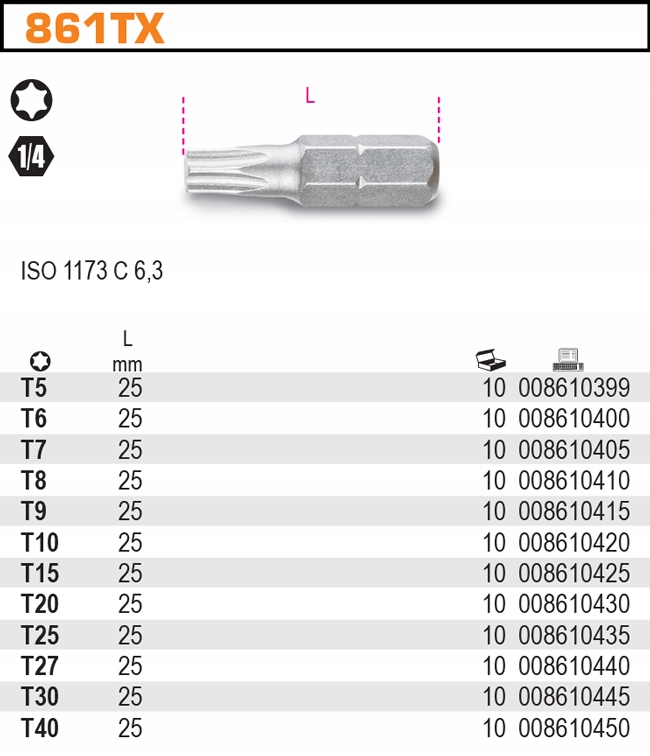 KOŃCÓWKA WKRĘTAKOWA TORX 1/4'' T10 BETA 861TX/10 Marka Beta