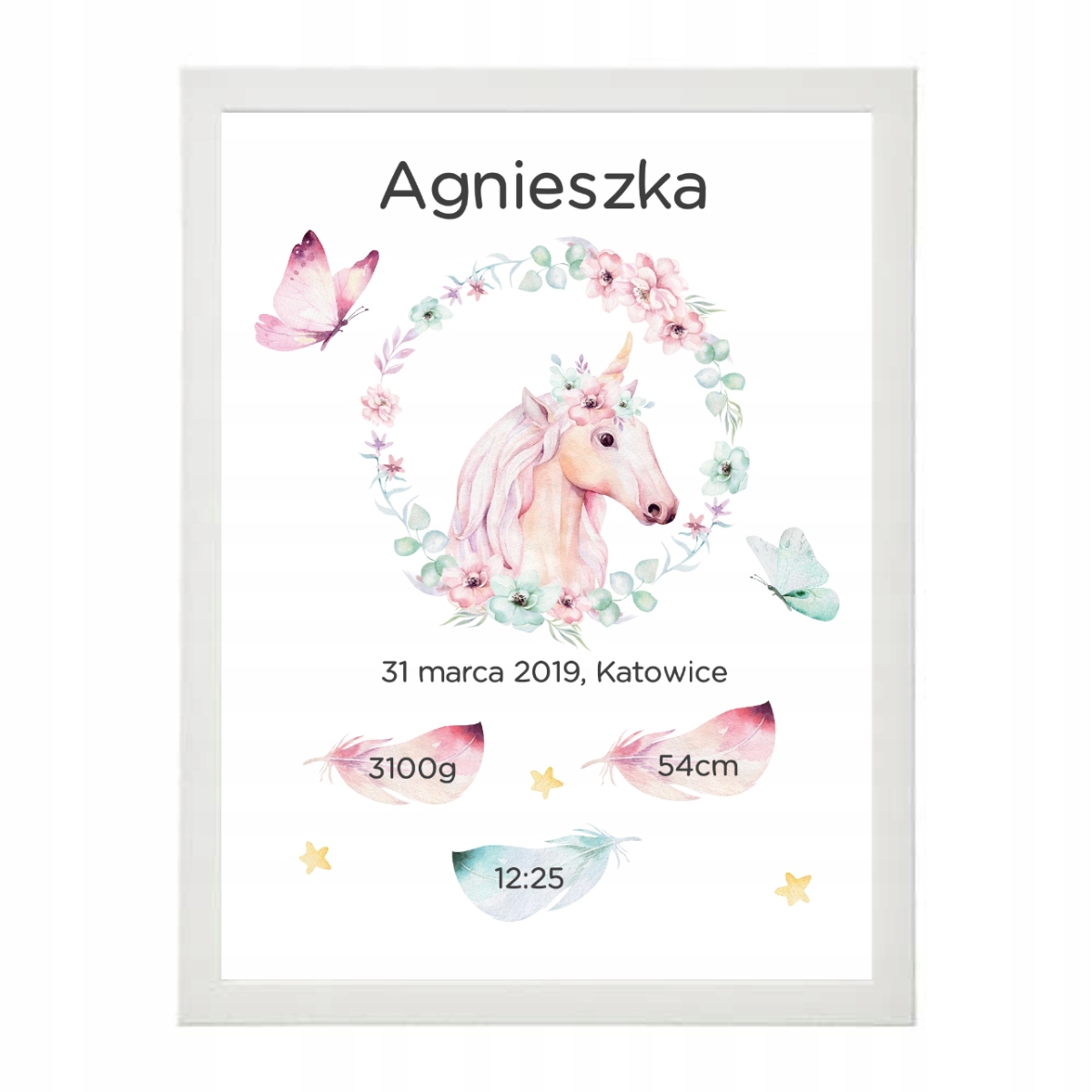 Obrazki, plakaty, Jednorożec, ramka, metryczka A4