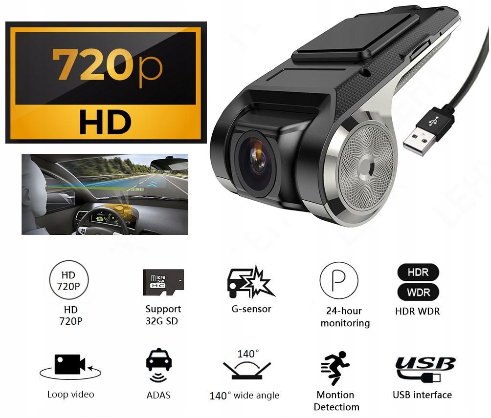 REJESTRATOR JAZDY DVR USB ADAS ANDROID HD 1280P Jakość zapisu HD (1280 x 720)