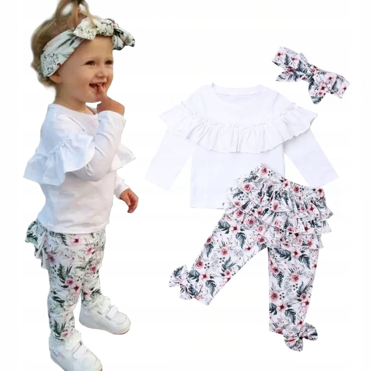 

Komplet biała bluzka legginsy kwiaty opaska 104 Pl