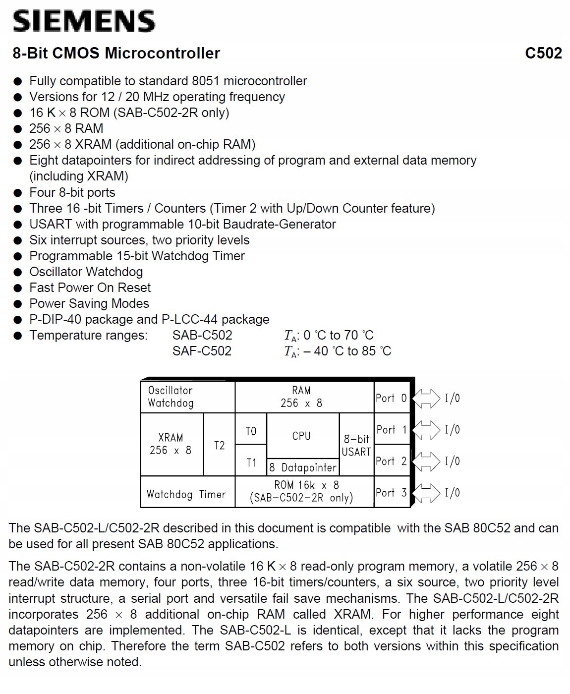 SAB-C502-2R20P mikrokontroler 8-bit 20MHz DIP40 Kod producenta C5022R20PSI