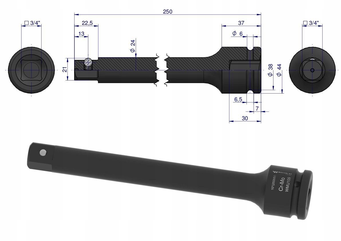 Przedłużka do nasadek udarowych 3/4 250mm WARYŃSKI Typ 6-kątna