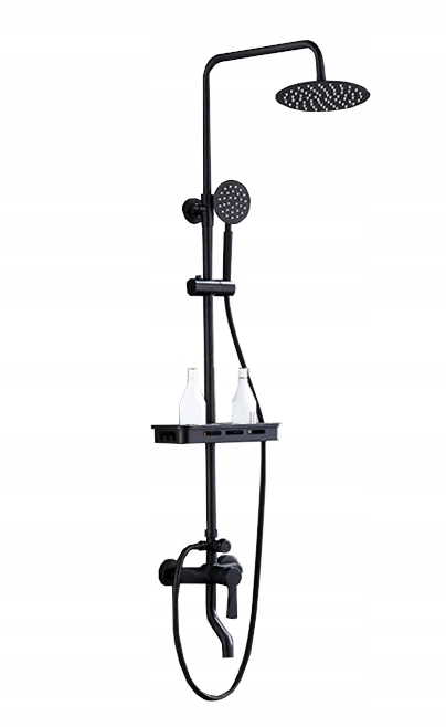 Sprchový set s dažďovou sprchou a poličkou, čierny