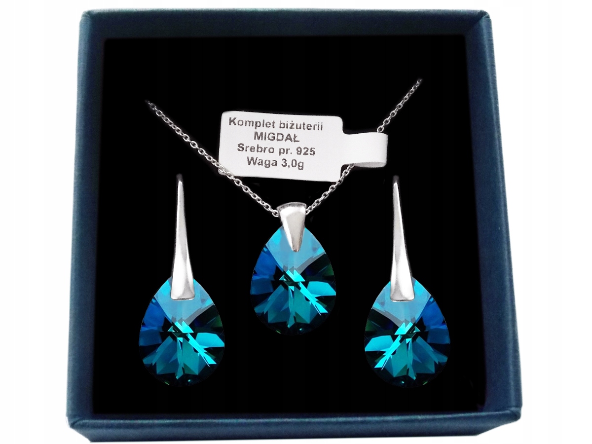 

Srebrny Komplet Swarovski Migdał 12mm Bermuda Blue