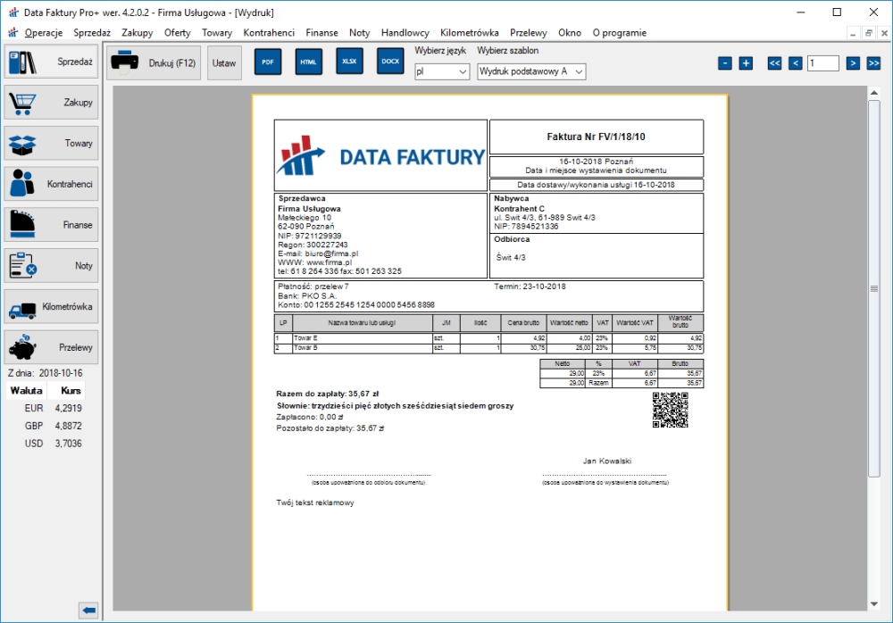 

Data faktury Pro+ program do fakturowania/faktur