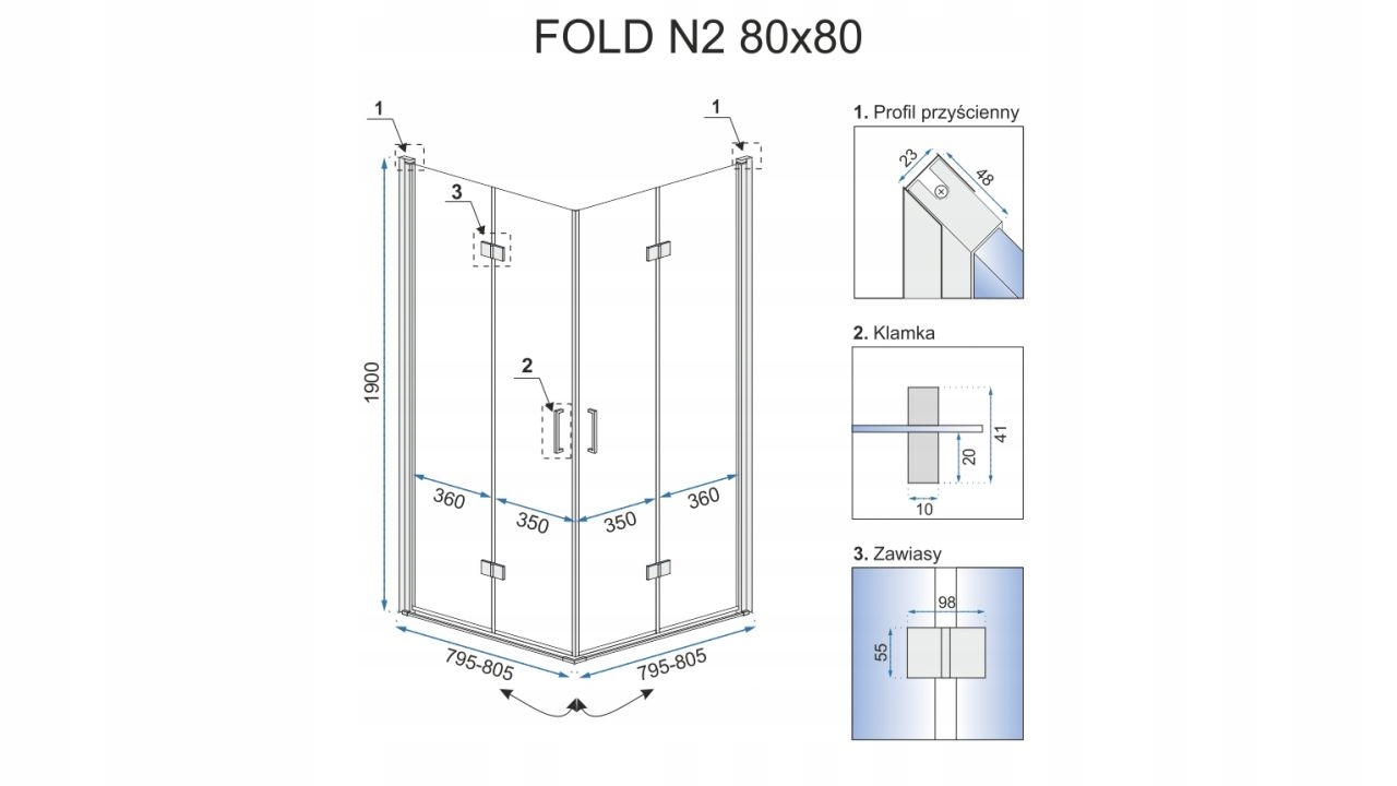 Sprchový kout kompletní, skládací 80x80 FOLD - REA Fold line