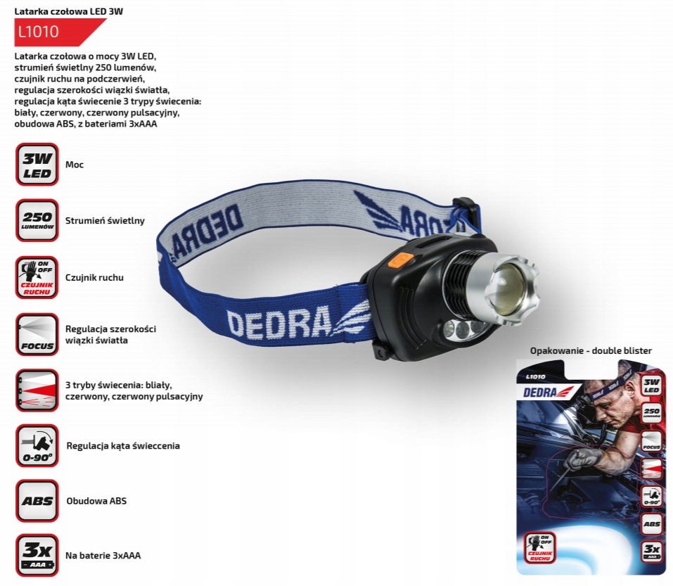 DEDRA L1010 Latarka czołowa 3W LED Marka Dedra