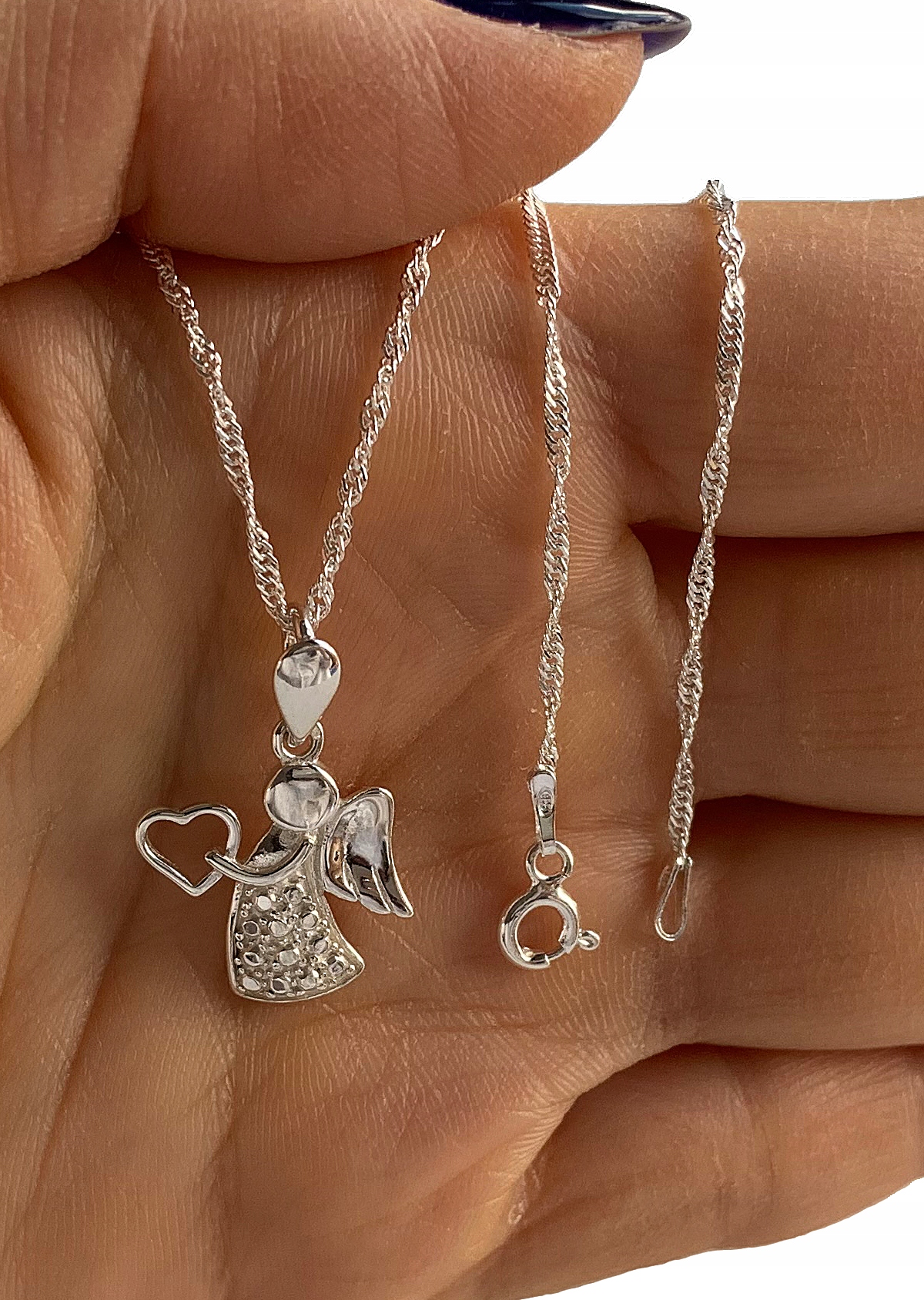 SREBRNY ŁAŃCUSZEK KOMUNIJNY I MEDALIK ANIOŁEK NA PREZENT DLA DZIEWCZYNKI Długość całkowita 45 cm