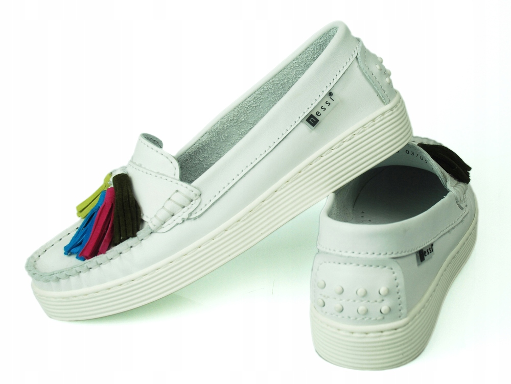 NESSI 18309 mokasyny białe frędzle 39 Kolor biały