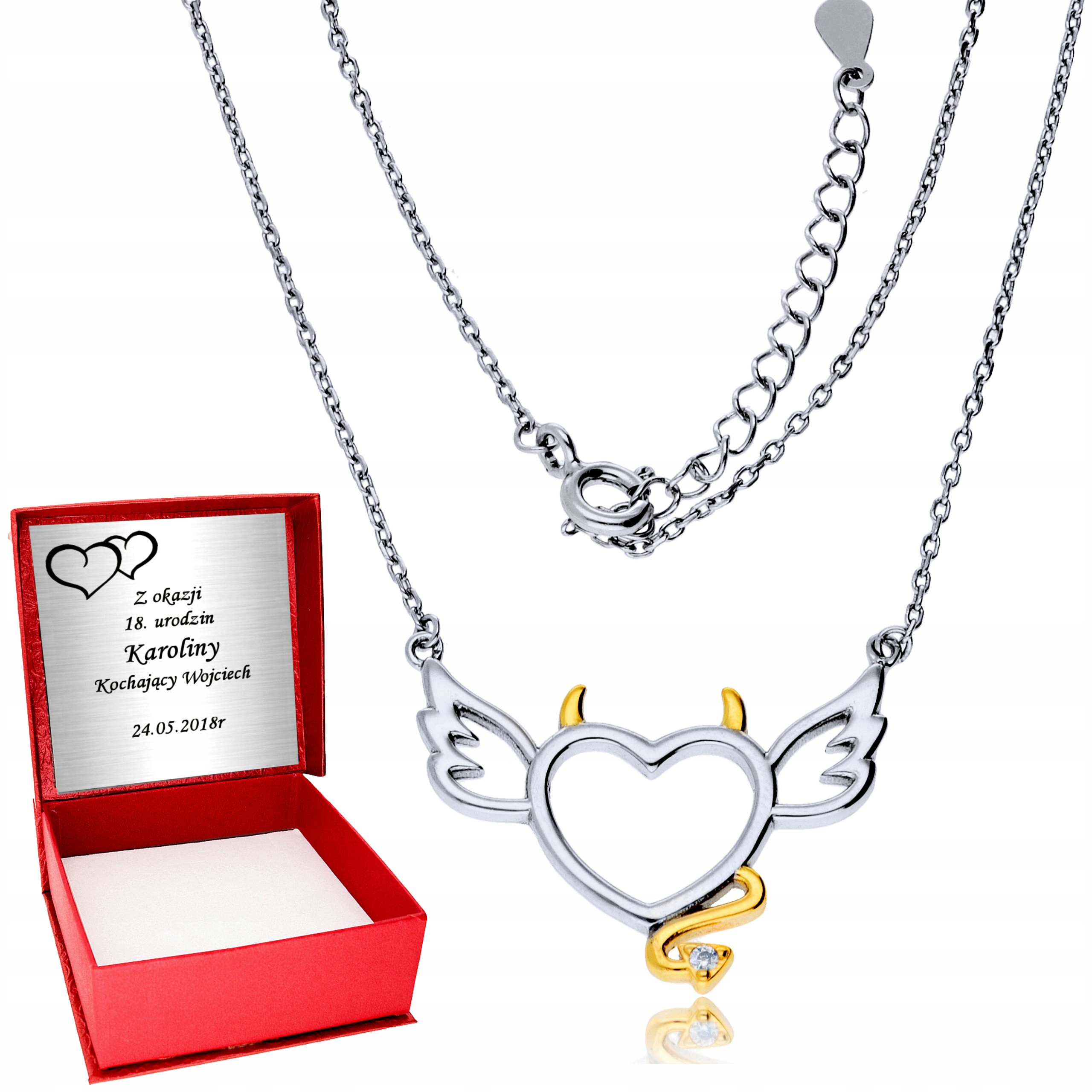 

Srebrny Łańcuszek Celebrytka Serce Diabełek Grawer