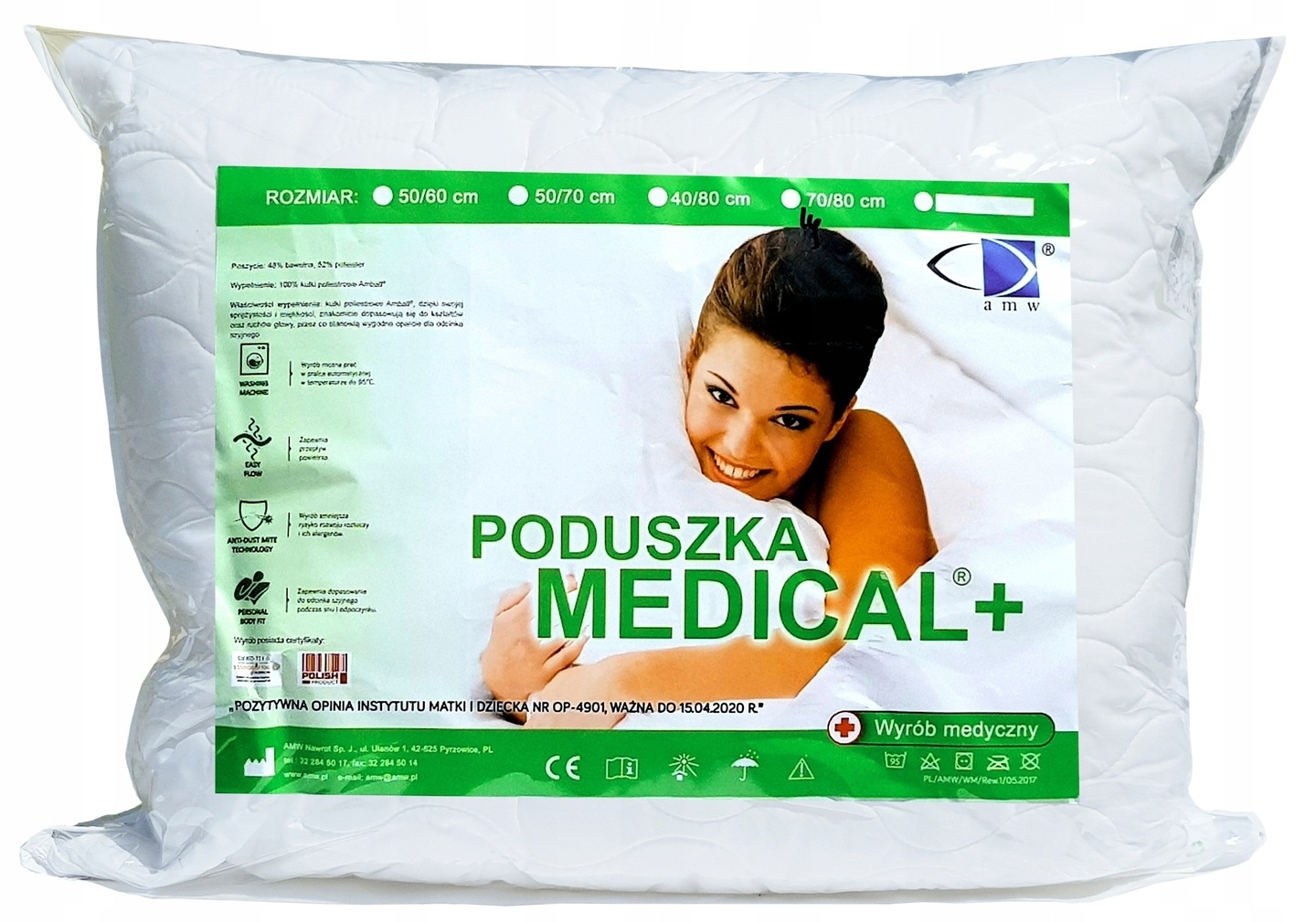 PODUSZKA ANTYALERGICZNA 70X90 MEDICAL ZAMEK AMW DUŻA ATEST 95°C PIKOWANA