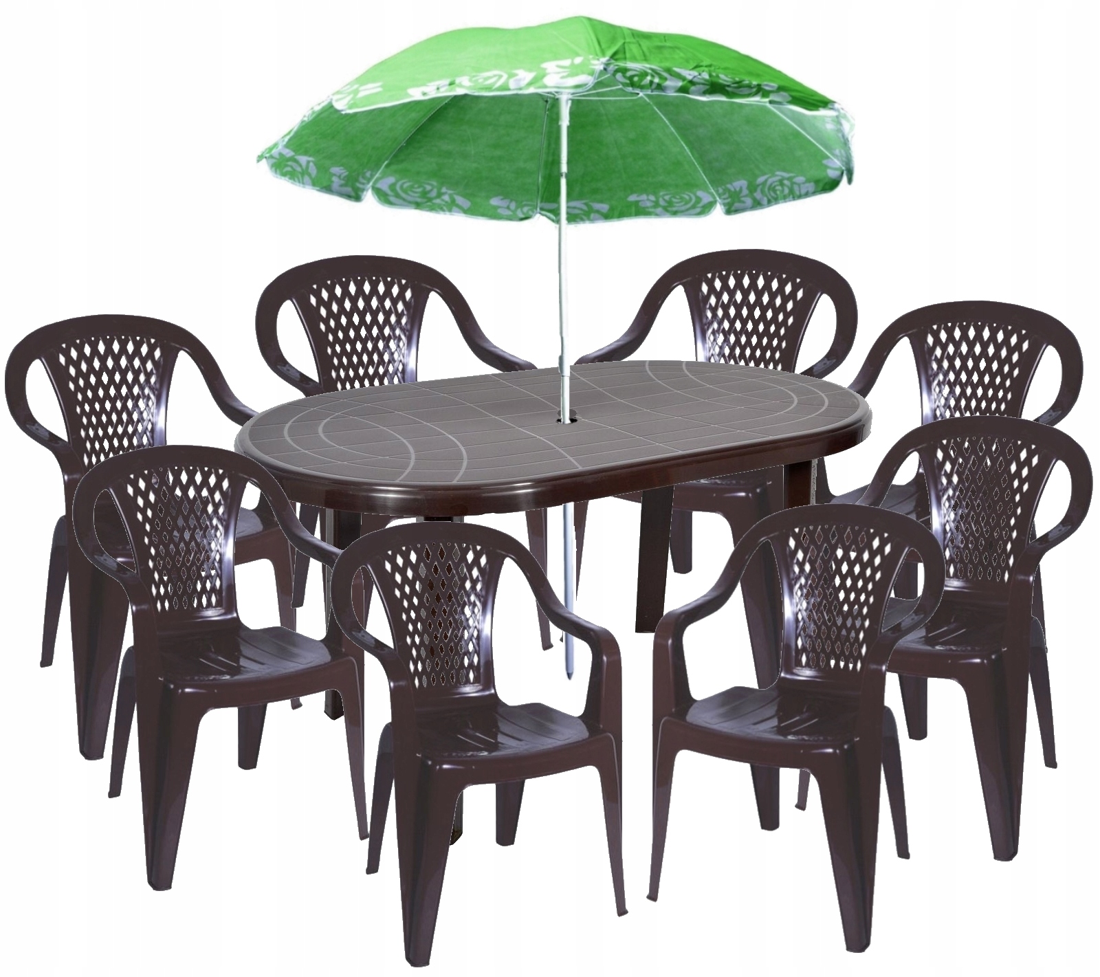 Mocny Brązowy Zestaw 8+1 Duży Stół Parasol Ogród