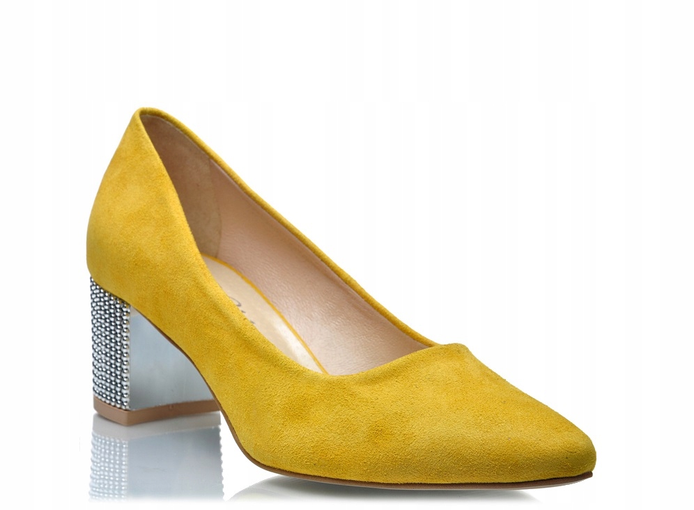 Žluté lodičky, nízký stříbrný podpatek, dámské kožené boty na podpatku J.w 39