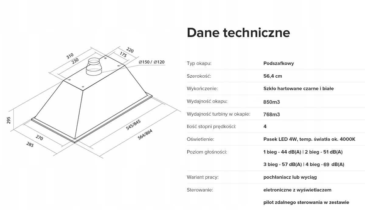 OKAP TOFLESZ LINEA GLASS LED 60 BIAŁY 850m3 PILOT Materiał szkło hartowane