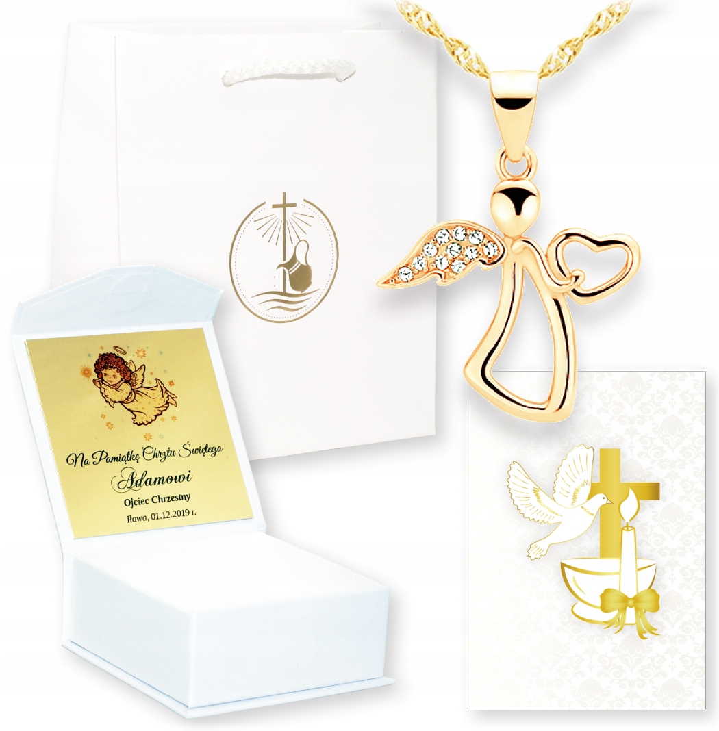 PAMIĄTKA CHRZTU CHRZEST ŚWIĘTY ANIOŁEK ANIOŁ STRÓŻ Materiał Srebro Pozłacany