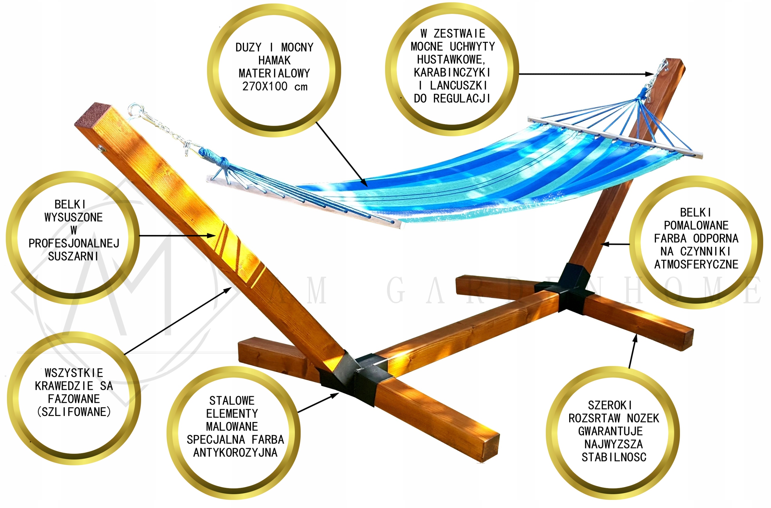 STELAŻ + HAMAK Z DRĄŻKIEM KOMPLETNY ZESTAW LEŻAK PREMIUM MASYWNY XL 10x10cm Kod producenta 046