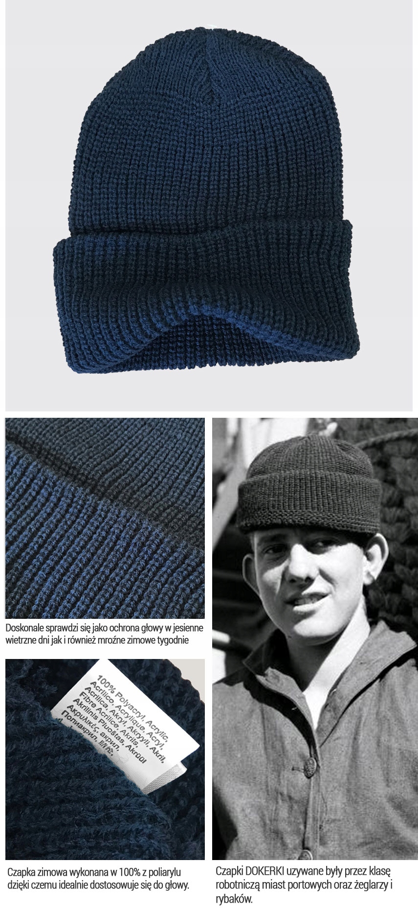 CZAPKA ZIMOWA DOKERKA, WATCH CAP, materiałowa Płeć uniseks